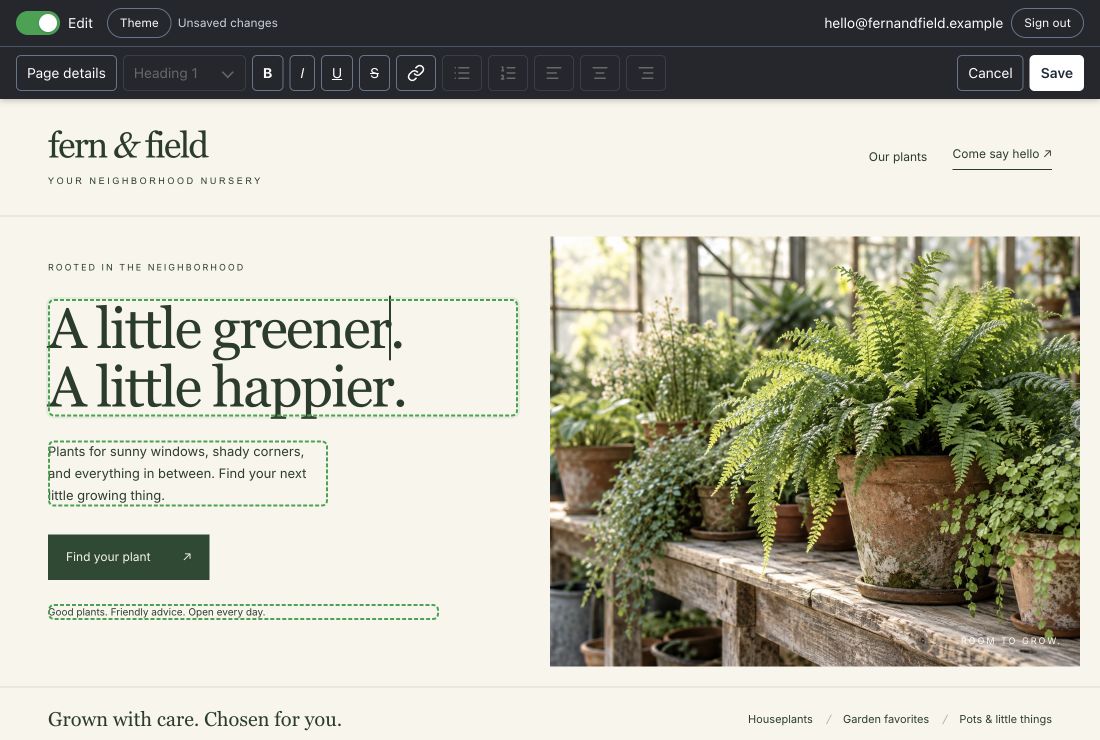 Flea's editor on Fern and Field, a fictional plant nursery website. A heading is being edited directly on the page, with formatting controls and Save above.